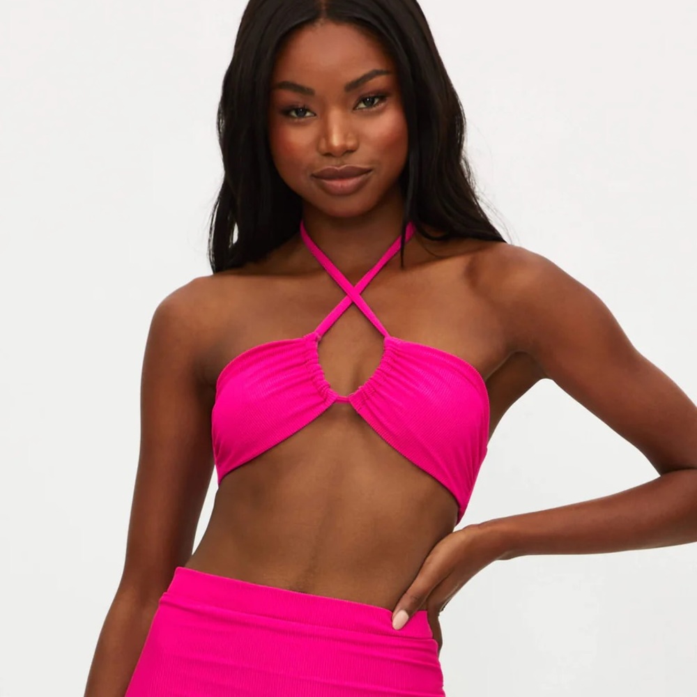 Beach Riot Hot Pink Ribbed Halter Bikini Top